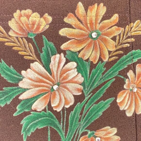 Vintage Levis Strauss 70s Floral Painted Jeweled Vest Brown Polyester Size 38 M - Picture 3 of 9